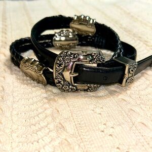 Vintage J.G. Hook black leather belt with silver buckle and sliding conchos
